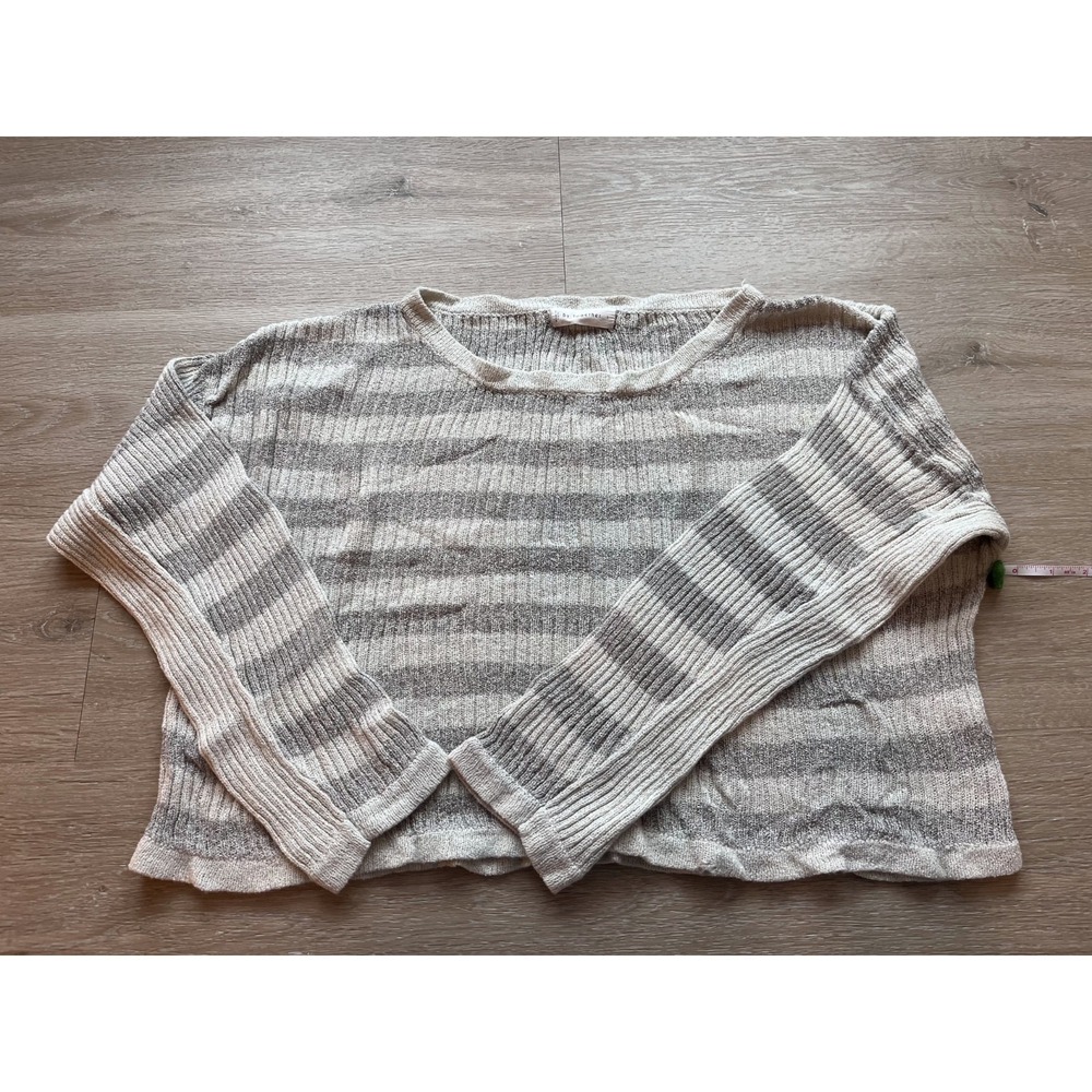 By Together Sweater‎ Womens Large White Gray Striped Ribbed Knit Drop Shoulder